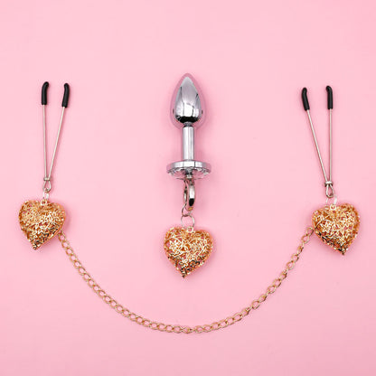 Heart Charm Anal Plug & Nipple Clamps BDSM Set for Couples