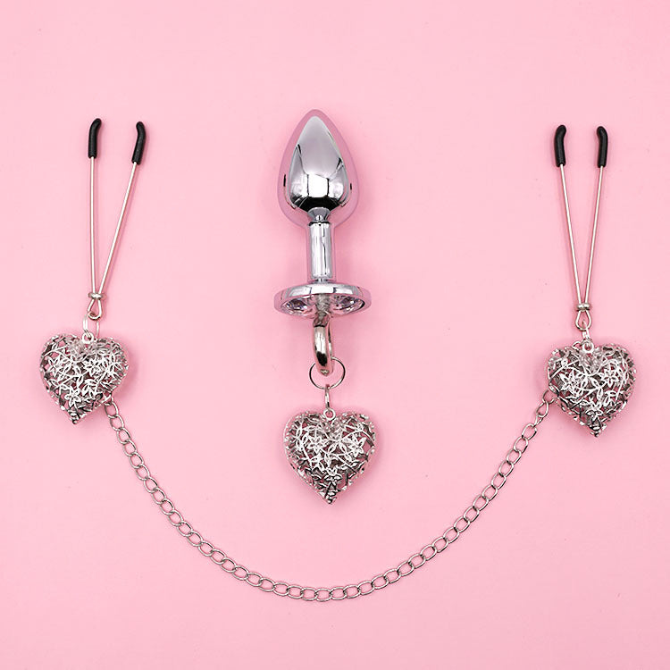 Heart Charm Anal Plug & Nipple Clamps BDSM Set for Couples