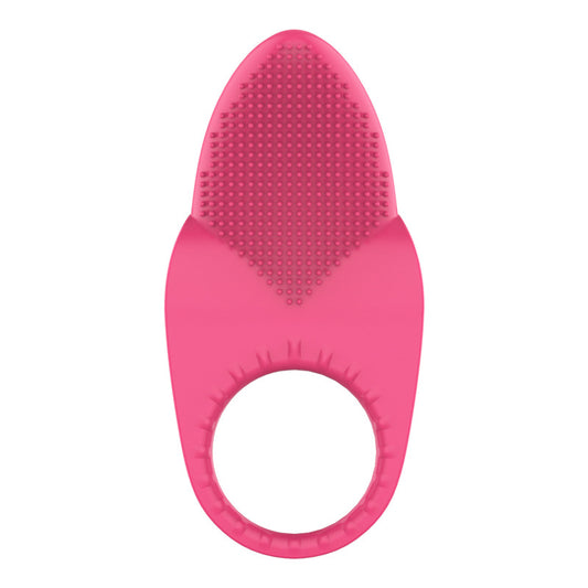 Pink silicone vibrating ring with textured stimulation surface
