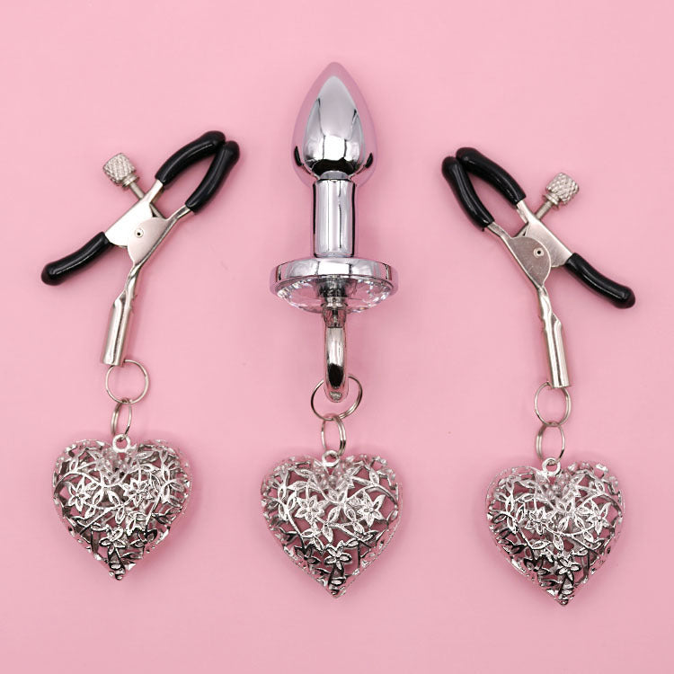 Heart Charm Anal Plug & Nipple Clamps BDSM Set for Couples