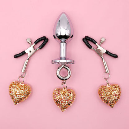 Heart Charm Anal Plug & Nipple Clamps BDSM Set for Couples