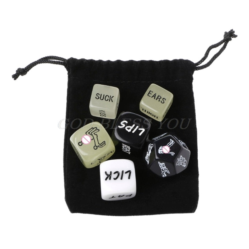 Adult dice game set for couples displayed on wooden background

