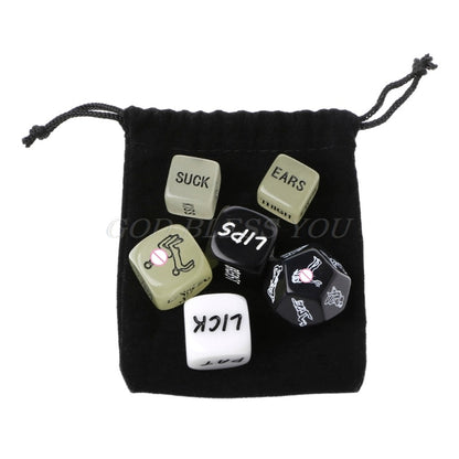 Adult dice game set for couples displayed on wooden background
