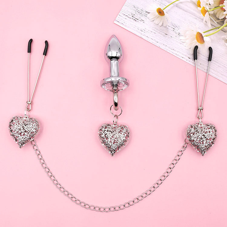 Heart Charm Anal Plug & Nipple Clamps BDSM Set for Couples
