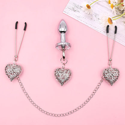 Heart Charm Anal Plug & Nipple Clamps BDSM Set for Couples