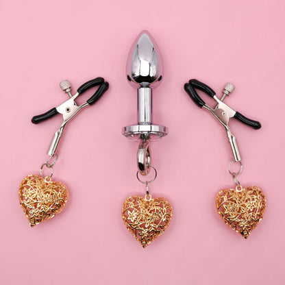 Heart Charm Anal Plug & Nipple Clamps BDSM Set for Couples