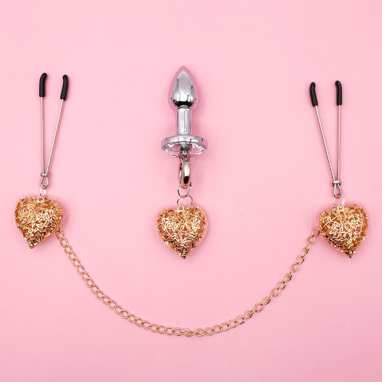 Heart Charm Anal Plug & Nipple Clamps BDSM Set for Couples