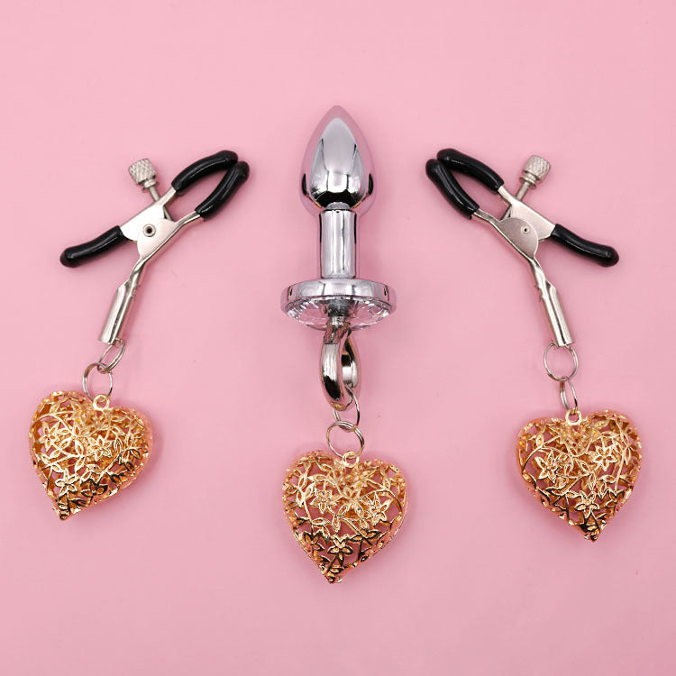 Heart Charm Anal Plug & Nipple Clamps BDSM Set for Couples