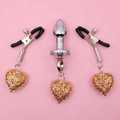 Heart Charm Anal Plug & Nipple Clamps BDSM Set for Couples