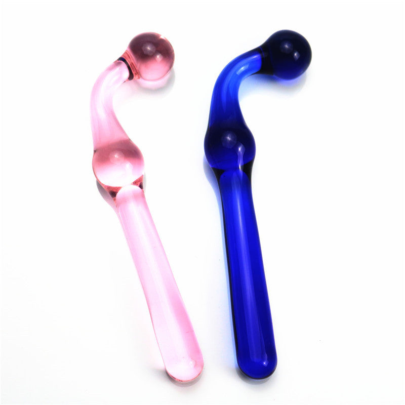 Curved glass massage wands in pink and blue colors
