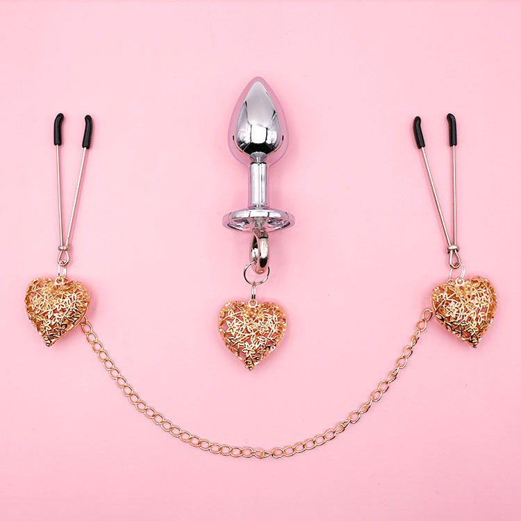 Heart Charm Anal Plug & Nipple Clamps BDSM Set for Couples